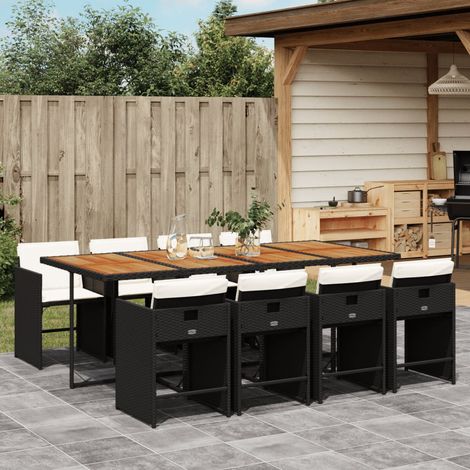 Ensemble de Jardin 9pcs Table Bois Acacia et 8 Chaises Noir Résine Tressée avec Housse Lavable (1/5)