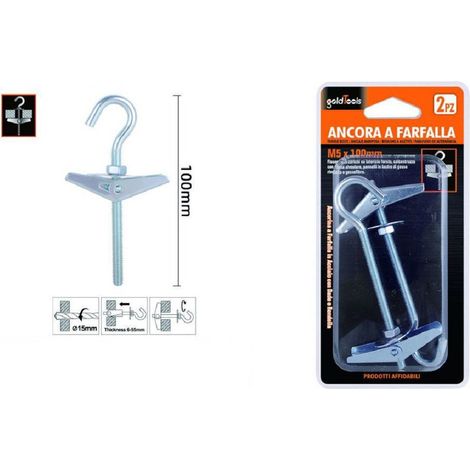 Trade Shop - Set 2 Pz Ancora A Farfalla Con Gancio Acciaio Con Dado Rondella M5x100 Mm 57229 - (1/2)