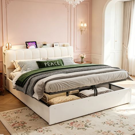 Letto contenitore 180x200 cm bianco in legno con testiera imbottita, USB e luce notturna (1/5)