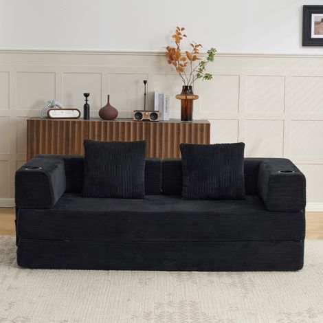 Canapé de sol convertible, canapé-lit de sol avec coussins de soutien lombaire et accoudoirs, lit confortable avec porte-gobelet et poche latérale, tissu velours côtelé, pour salon et chambre, noir (1/5)