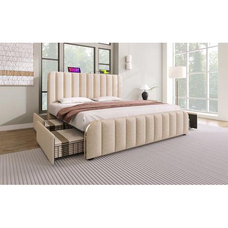 Polsterbett 180x200 cm in Beige mit Leinenbezug, USB-C und 4 Schubladen (1/5)