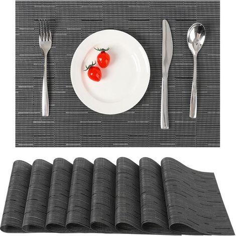 Lot de 6 sets de table, sets de table en vinyle tissé, sets de table lavables pour intérieur, sets de table antidérapants (Noir, 6 sets) (1/5)
