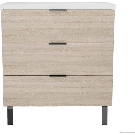 Acezanble Meuble de salle de bain mural avec pieds Chêne 80 cm - 3 tiroirs, lavabo inclus