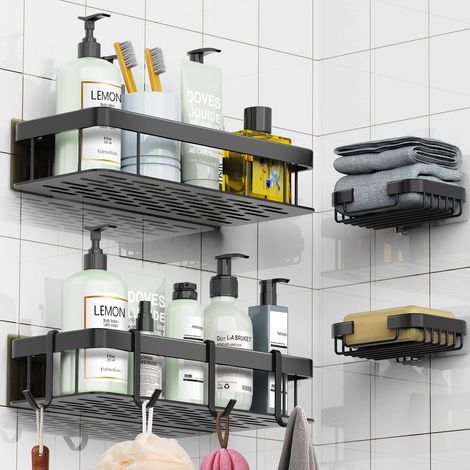 Lot de 2 étagère Douche, Serviteur de Douche Sans Perçage, Paniers Rangement D'organisateur de Douche Mural Support Douche Espace Aluminium Antirouille avec Lot de 2 Porte Savon Douche (1/5)