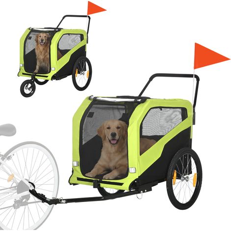 Remorque pour chien 2 en 1, fonction poussive, 2 entrées, fenêtre en filet, pare-soleil, structure en acier, verte, 170 x 77 x 90 cm (1/5)