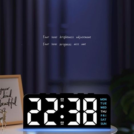 Sveglia LED multifunzionale con luce notturna colorata regolabile, funzione snooze e dimmer, design moderno da 6,3 pollici, alloggiamento nero con luce blu, per camera da letto, ufficio e cameretta de (1/5)