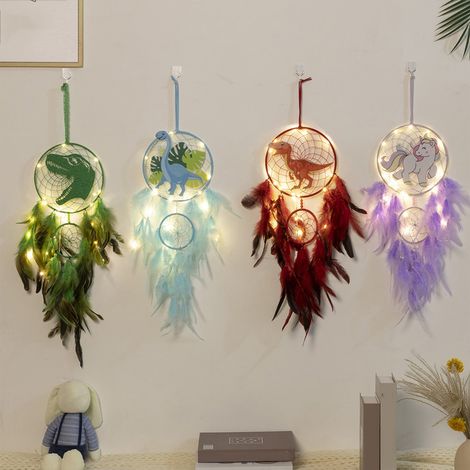 Dream Catcher - Dinosaur Shape - Faux Feather - LED Light - For Children Room Decor - 18 Cm Diameter - 70 Cm Total Length - 1 Piece (1/5)