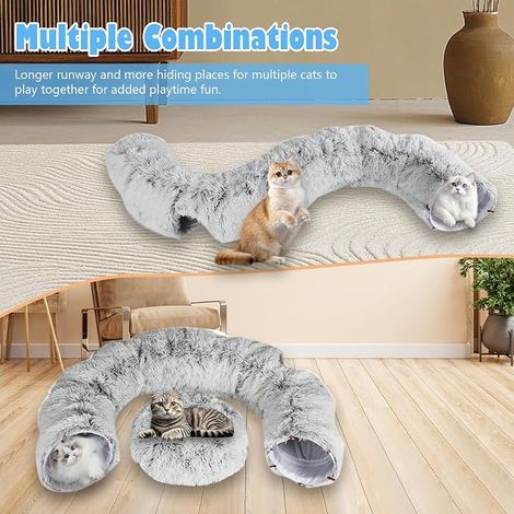 Cat Tunnel with Sleeping Area and Soft Bed, with Two Entrances, Cave and Hanging Balls, Cat Tunnel, Grey (1/4)