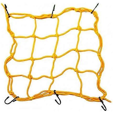Filet à bagages résistant pour moto/vélo, maille élastique en nylon, 11,8 pouces x 11,8 pouces, avec 6 crochets réglables, jaune. (1/5)