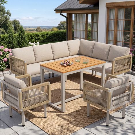 Salon de jardin 6 pièces 110/62/76 cm beige en acier et bois composite avec design corde (1/5)