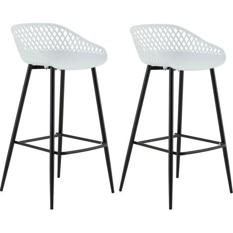 Idimex – Lot de 2 tabourets de bar – Assise en plastique polypropylène blanc – Pieds en métal laqué noir – Hauteur d'assise 75 cm