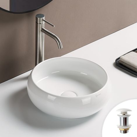 Vasque à poser ronde Ø36 cm en céramique blanc brillant + bonde pop-up incluse collection DOLY