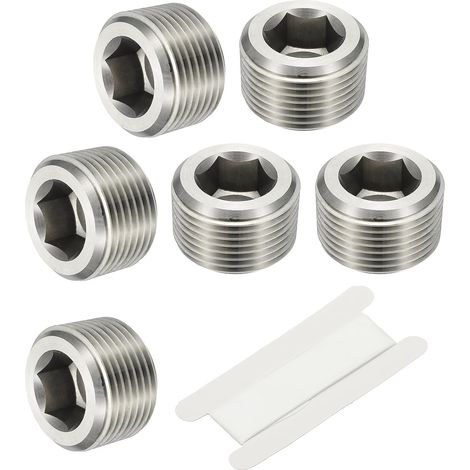 1/8" NPT Male Raccord De Tube À Hexagone Interne, 4 Pcs 304 Acier Inoxydable Kit Assortiment Bouchon Tête Filetée Frapper Adaptateur Avec Ruban, Argent - 3/4" (1/5)