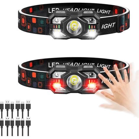 Lot de 2 lampes frontales rechargeables, 3 000 lumens, lampe frontale ultra lumineuse avec lumière blanche et rouge, détecteur de mouvement, 5 + 5 modes pour le camping, la pêche (1/5)