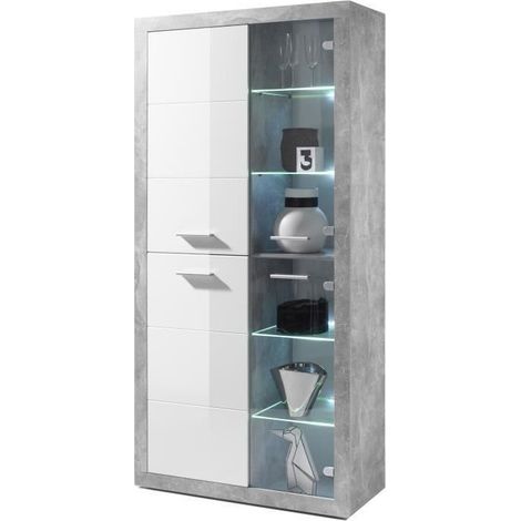 Les Tendances – Armoire vitrine Inga 194H x 95L – béton blanc – 5 étagères – portes en verre – éclairage LED inclus