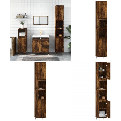 Armoire de bain chêne fumé 30x30x190 cm bois d'ingénierie - Meuble De Salle De Bain - Armoire De Salle De Bain - Rangement Salle De Bain - Commode Salle De Bain - Design Industriel - Home & Living