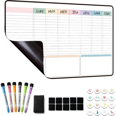 Planning Semaine, Calendrier Frigo magnetique,Planificateur Hebdomadaire,Tableau Organisateur Familial effacable 42×28cm en Français (1/5)