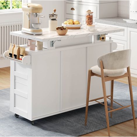 Isola cucina mobile con piano ribaltabile, 5 ruote e LED, bianco HAVRYA (1/5)