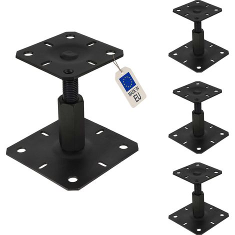 4 embases pied de poteau réglables - Platine inférieure 130x130mm - M20 - Acier galva Noir - Ht 150 à 250mm - Fabriqué en Europe