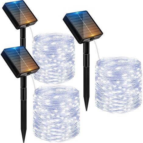 Lot de 3 Guirlande Solaire Exterieur, 3x12M 120 LED Golaire Extérieur IP65 Étanche, 8 Modes Guirlande Lumineuse Exterieure Solaire pour Jardin Terrasse Noël Mariage Fête, Blanc Chaud