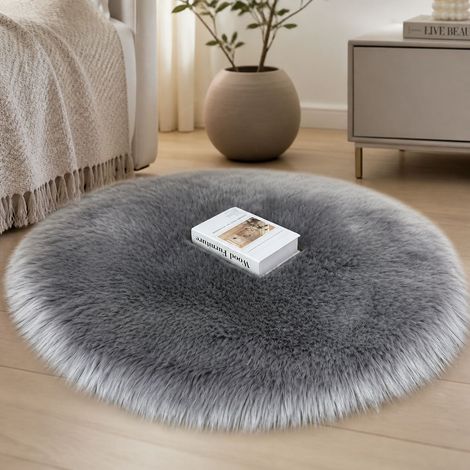 Tapis rond en fausse fourrure pelucheuse, ultra doux et antidérapant, design moderne pour salon ou chambre, gris foncé, diamètre 100 cm (1/4)