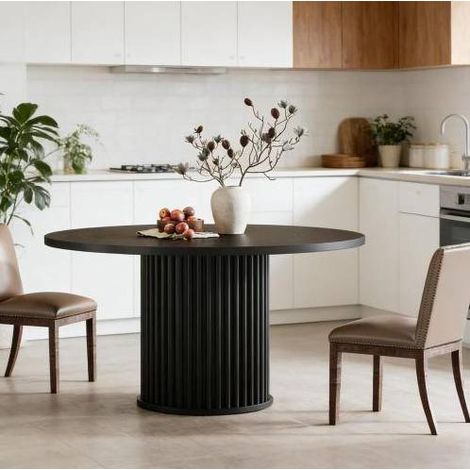 Table ronde de comedor en madera negra 120x120x75 cm, base metálica, para hasta 6 personas (1/5)
