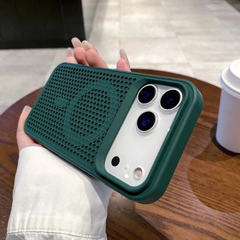 (Vert foncé, iPhone 17) Coque de téléphone avec une conception en maille perforée pour la dissipation de la chaleur, compatible avec MagSafe.