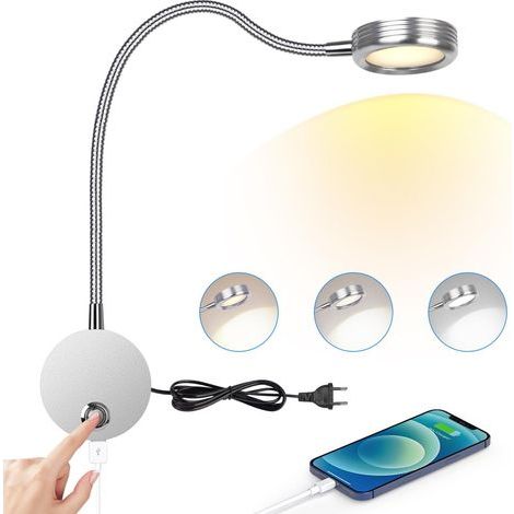 Wandleuchte mit Lesefunktion, LED-Nachttischlampe fürs Schlafzimmer, Wandleuchte mit Touch-Taste, einstellbare Lichtfarbe (3000–6000 K), 4 W, 360° flexibler Schwanenhals mit USB-Ladeanschluss, Silber