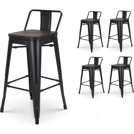 Set mit 4 mattschwarzen Metall-Barhockern im Industriestil mit Rückenlehne und Sitz aus dunklem Holz - Höhe 66 cm (1/5)