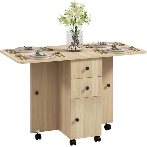 Table pliante à roulettes avec abattants, table d'appoint multifonctionnelle avec rangement, 120 x 60 x 76,5 cm, naturelle