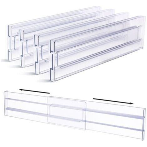 Séparateurs de tiroirs en plastique, organisateurs de tiroirs transparents réglables pour le rangement de la commode de la cuisine et de la chambre à coucher, paquet de 4