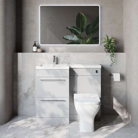 Napoli 390 Gloss Grey Pearl 1000mm 2 Drawer Vanity Unit Toilet Suite with Left Hand Square Lucia Basin - 1000mm - Chrome 320mm HandleWith Kingston Toilet Pan and Seat