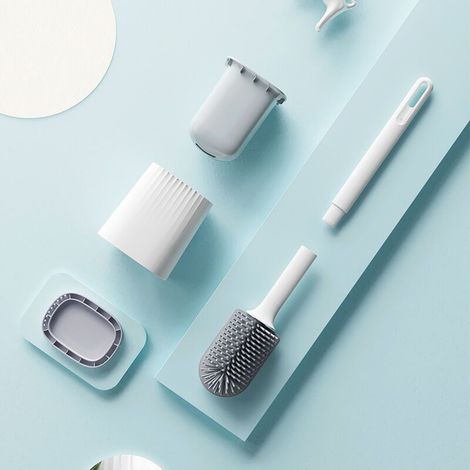 Brosse de toilette en silicone souple et hygiénique avec support mural – Lot de 1, design plat et facile à nettoyer pour salle de bain (1/5)
