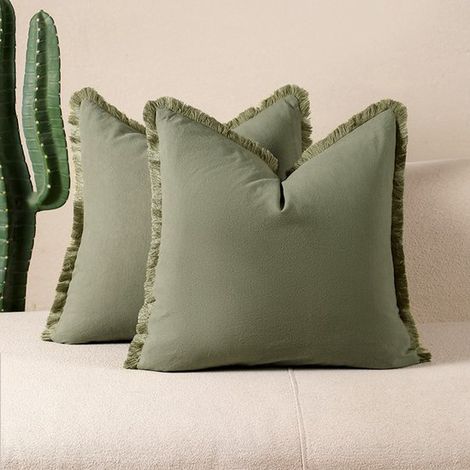 Taie d'oreiller à pompons - Lot de 2 - Taie d'oreiller décorative style bohème - Verte (1/5)