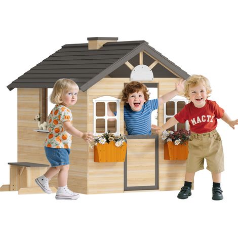 Casetta Bimbi 3-7 Anni a 2 Finestre con Portavasi e Panchina, in Legno di Abete e PP, 113Lx94x134.5 cm