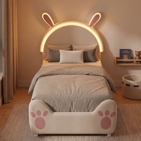 Lit simple 90x200 cm, lit enfant capitonné en velours avec tête de lit en forme de lapin et LED, sommier, Blanc (1/5)