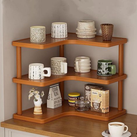 Étagère à épices d'angle à 3 niveaux pour comptoir de cuisine, armoire de ménage, tasse à café, étagère de rangement pour condiments, étagère de bureau en bois (3 niveaux) (1/5)