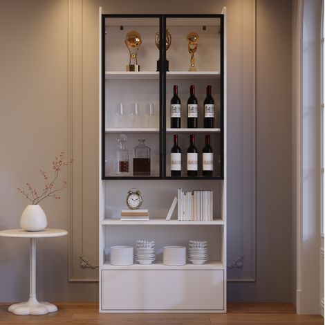 Vitrine haute 80 x 34 x 180 cm avec 1 tiroir, portes en verre et LED blanche HAVRYA (1/5)