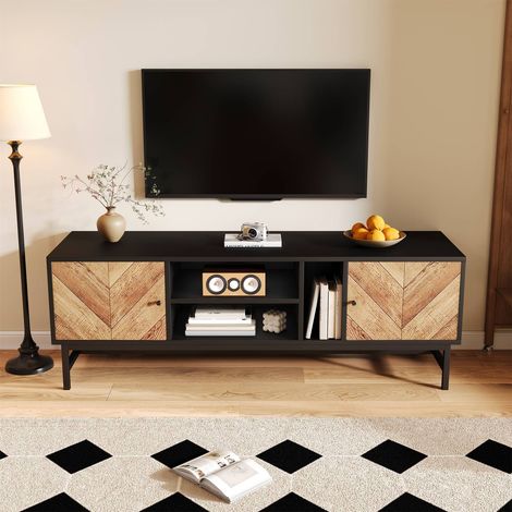 Meuble tv 150 cm noir et bois design moderne avec rangements multiples pour salon (1/5)