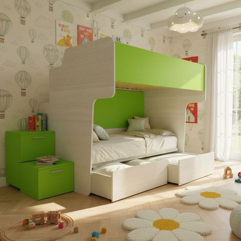 Letto a castello salvaspazio con rete superiore da una piazza e mezza e scala laterale - Rovere rock e Verde mela (1/5)