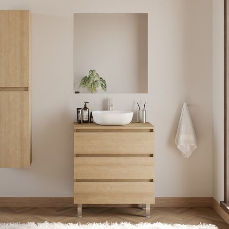 Meuble de salle de bain 60cm avec plateau et vasque à poser arrondie - 3 tiroirs - nebraska (chêne clair) - MAYOR