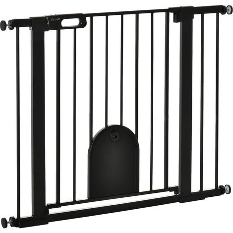 Sicherheitsgitter für Hunde und Katzen mit integrierter Katzenklappe, zur Treppenmontage per Druckmechanismus, mit automatischer Schließung und doppelter Verriegelung, für Türen und Flure, 75–103 cm, (1/5)