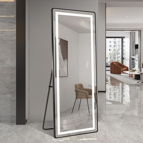 Miroir sur pied-LED intégré-Variateur d'éclairage-Cadre aluminium noir-Miroir mural-163x54x4.5(cm) (1/5)