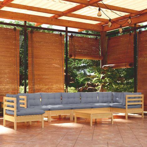 9 pcs Salon de jardin Salon d'extérieur Ensemble Meuble de Jardin Mobilier d'Extérieur avec coussins gris Bois de pin solide XFNRX452719 (1/5)