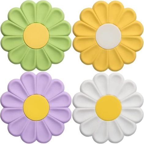 BelleRise - Lot de 4 dessous de verre en silicone marguerite, résistants à la chaleur, antidérapants pour plats, tasses et verres (1/5)