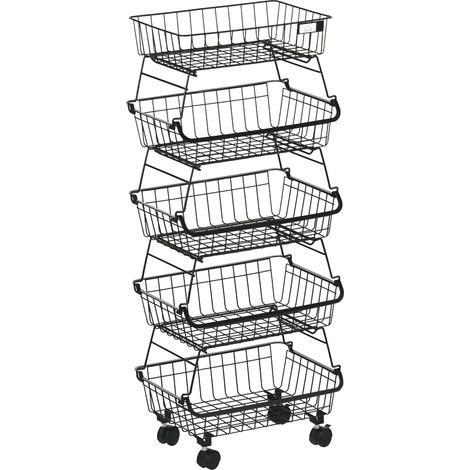 HOMCOM 5 Tier Storage Trolley Cart Vegetable Rack with Wheels for Kitchen