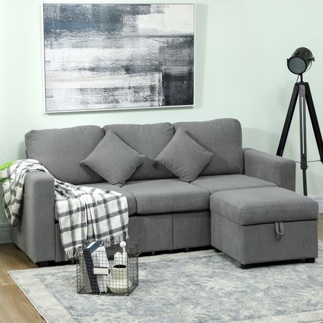 Sofá esquinero de 3 plazas, sofá modular de pana de 196x139x85 cm con almacenamiento, reposapiés y cojines extraíbles, sofá reversible en forma de L para salón, gris claro. (1/5)