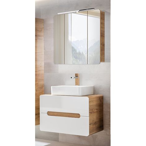 Badezimmer Waschplatz Set mit Keramik Aufsatzbecken Hochglanz weiß mit Wotan Eiche Nb. LUTON-56, B/H/T ca. 80/200/46 cm (1/5)