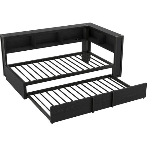 Cama de día de metal 90 x 200 cm con cama nido, almacenaje, LED y USB, negra (1/5)