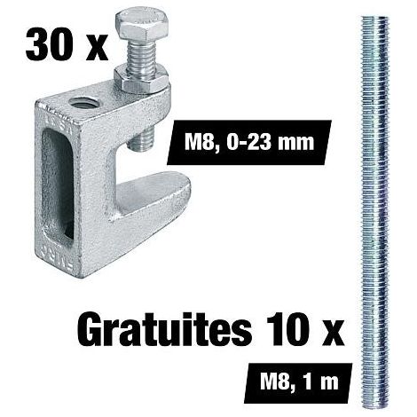 Lot avantageux d'Attaches de fixation M8, plage de serrage 0-23 mm, 30 pièces + Tiges filetées M8 gratuites, 1 m, 10 pièces (1/5)